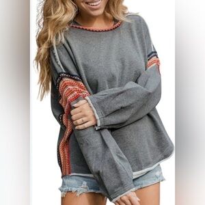 NWT Natural Life Gray Knit Trim Boho Sweatshirt Raw Hem XL